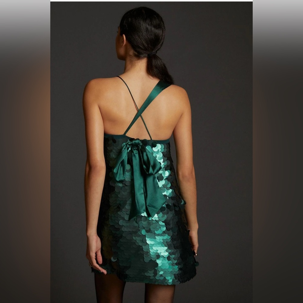 Maeve Anthropologie One Shoulder Green Sequin Mini Dress - Picture 2 of 6